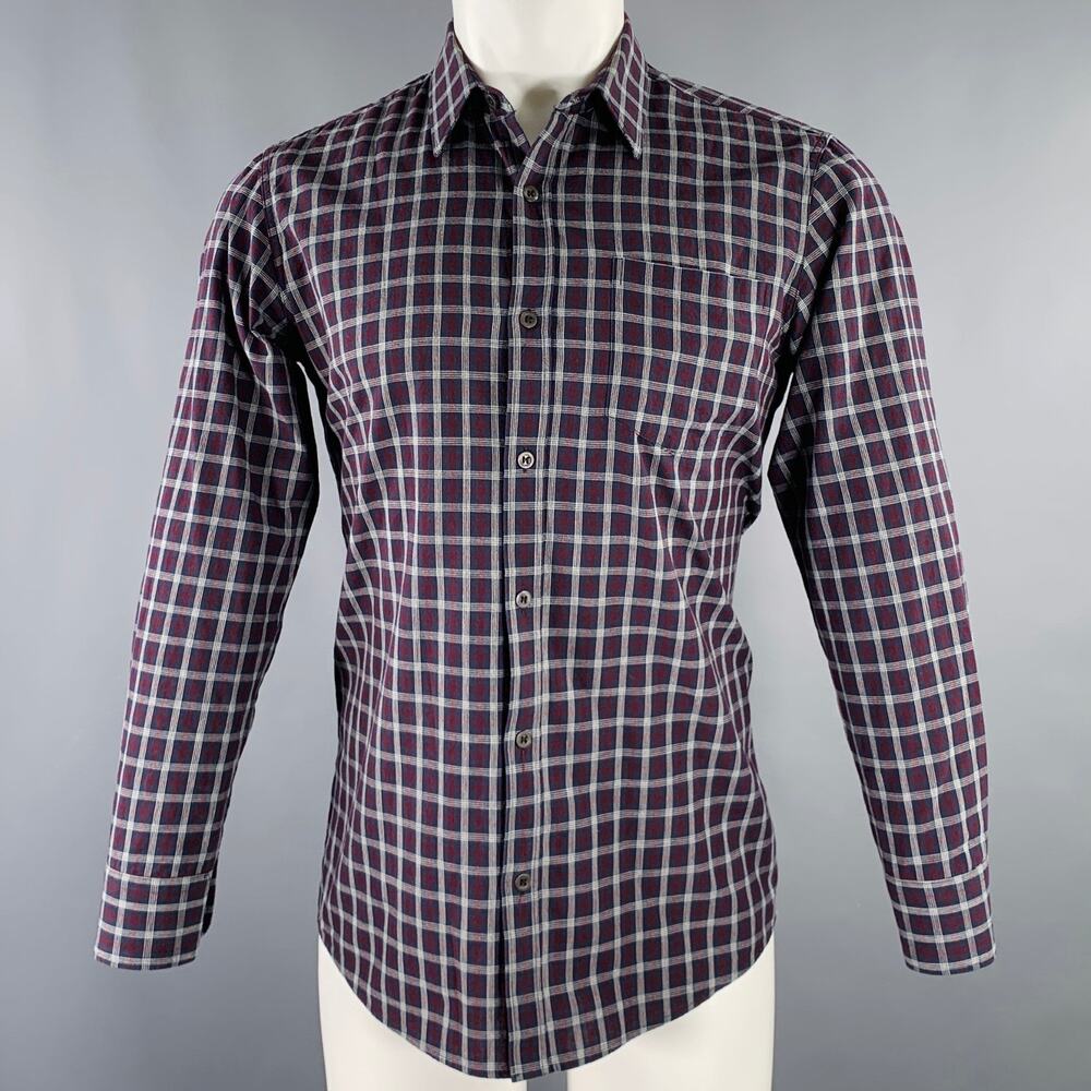 DRIES VAN NOTEN Size S Navy Burgundy Plaid Cotton Button Down Long Sleeve Shirt